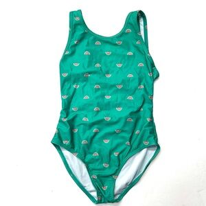Gymboree Green One Piece Swimsuit Bathing Suit with Watermelon Print Bow Back